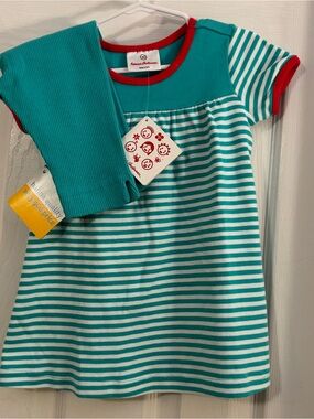 NWT Hanna Andersson Teal & White Red Trim Striped Dress with Teal Short Leggings